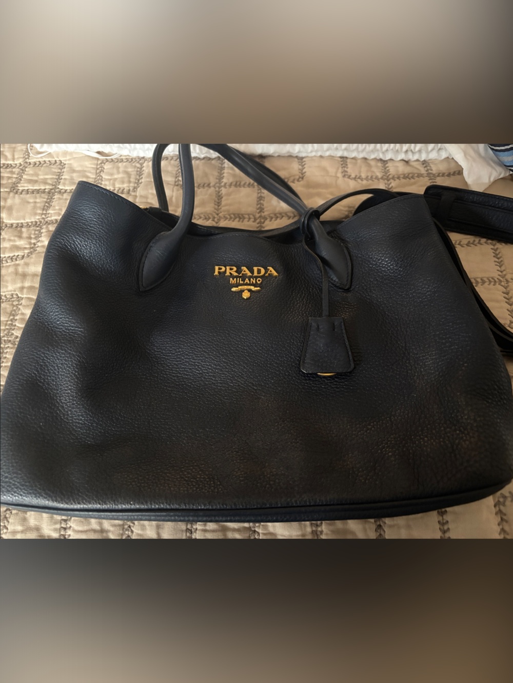 Prada Navy Leather Tote with Gold Logo Detail